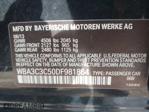 2013 BMW 3 Series 320i xDrive with VIN WBA3C3C50DF981864, listed as a IAAI auction lot 42599429 with 155,150 mi miles and . Bid and sale history available at DreamBid. Image 9.