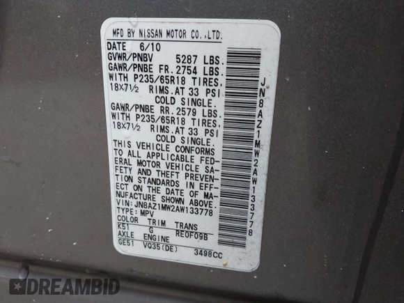 2010 Nissan Murano SL z VIN JN8AZ1MW2AW133778, wystawiony jako IAAI lot #42222555 z przebiegiem 165 909 mil mil oraz . Historia ofert i sprzedaży dostępna na DreamBid. Obrazek 9.