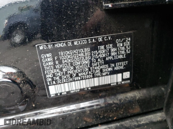 2024 Honda HR-V EX-L z VIN 3CZRZ2H79RM755906, wystawiony jako Copart lot #87858725 z przebiegiem 12 183 mil mil oraz Szkoda całkowita • Salvage title. Historia ofert i sprzedaży dostępna na DreamBid. Obrazek 13.