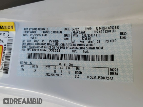 2022 Ford Ranger XL with VIN 1FTER1FH5NLD32553, listed as a Copart auction lot 76031904 with 23,644 mi miles and Salvage Title. Bid and sale history available at DreamBid. Image 12.