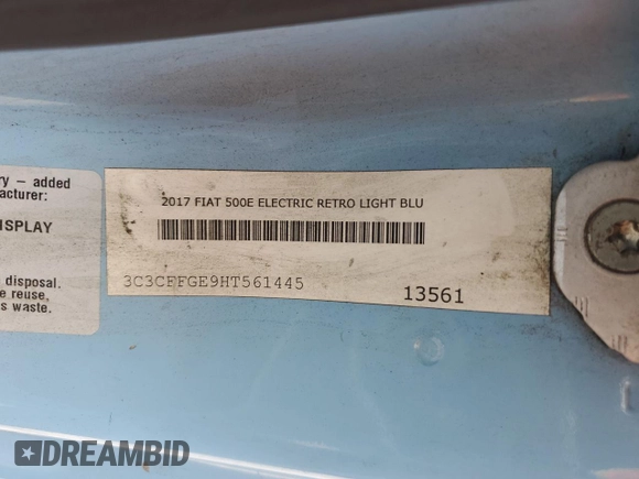 2017 FIAT 500e with VIN 3C3CFFGE9HT561445, listed as a Copart auction lot 65465705 with 59,314 mi miles and Clean title. Bid and sale history available at DreamBid. Image 14.