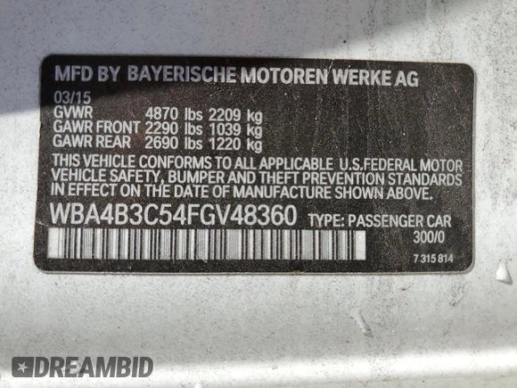 2015 BMW 4 Series 435i xDrive with VIN WBA4B3C54FGV48360, listed as a Copart auction lot 51527474 with Not Provided miles and Salvage Title. Bid and sale history available at DreamBid. Image 12.