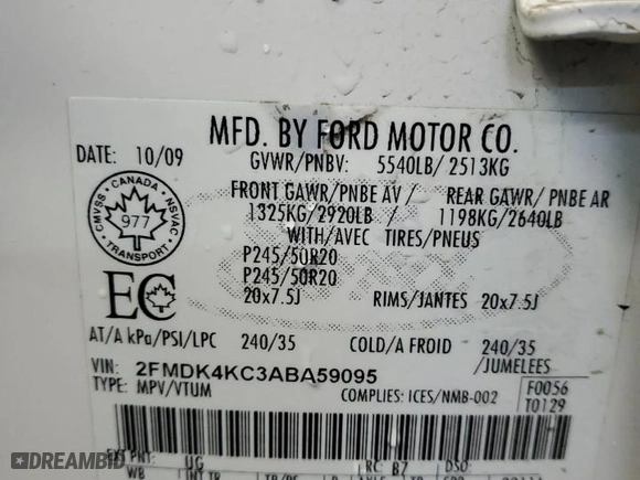 2010 Ford Edge Limited with VIN 2FMDK4KC3ABA59095, listed as a Copart auction lot 45849345 with 180,938 mi miles and Salvage Title. Bid and sale history available at carsss.com. Image 16.