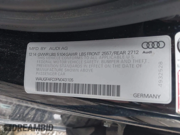 2015 Audi A6 Premium Plus with VIN WAUGFAFC0FN043105, listed as a IAAI auction lot 41844404 with 134,835 mi miles and . Bid and sale history available at DreamBid. Image 9.
