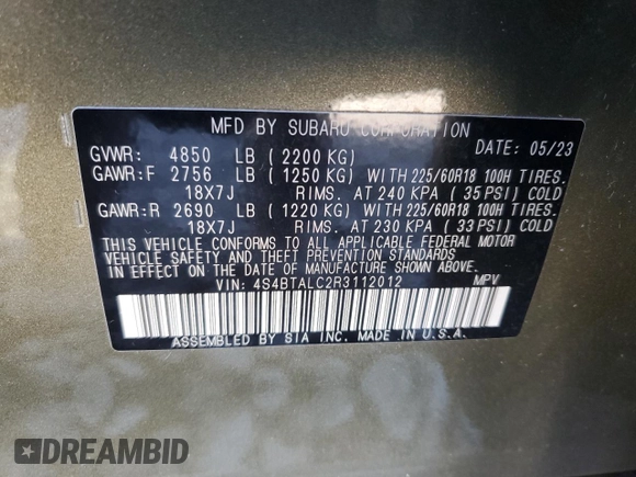 2024 Subaru Outback Onyx with VIN 4S4BTALC2R3112012, listed as a Copart auction lot 50506285 with 33,310 mi miles and Salvage title. Bid and sale history available at DreamBid. Image 13.
