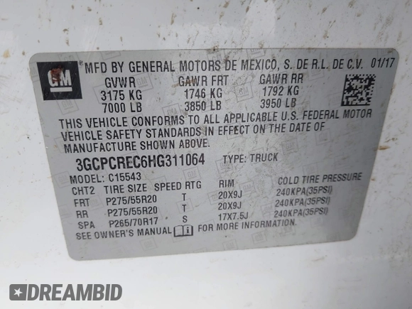 2017 Chevrolet Silverado 1500 LT with VIN 3GCPCREC6HG311064, listed as a IAAI auction lot 42026646 with 242,195 mi miles and . Bid and sale history available at DreamBid. Image 9.