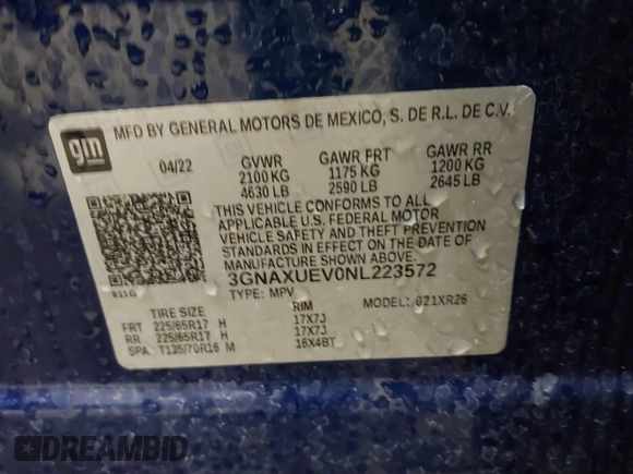 2022 Chevrolet Equinox LT with VIN 3GNAXUEV0NL223572, listed as a IAAI auction lot 42002502 with 20,170 mi miles and . Bid and sale history available at DreamBid. Image 9.