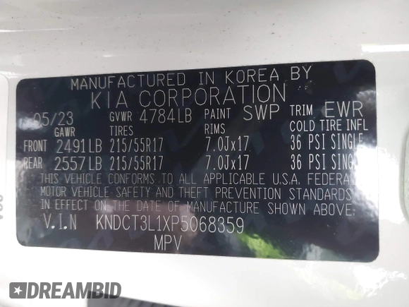 2023 Kia Niro Wave with VIN KNDCT3L1XP5068359, listed as a IAAI auction lot 41787958 with 40,024 mi miles and . Bid and sale history available at DreamBid. Image 9.