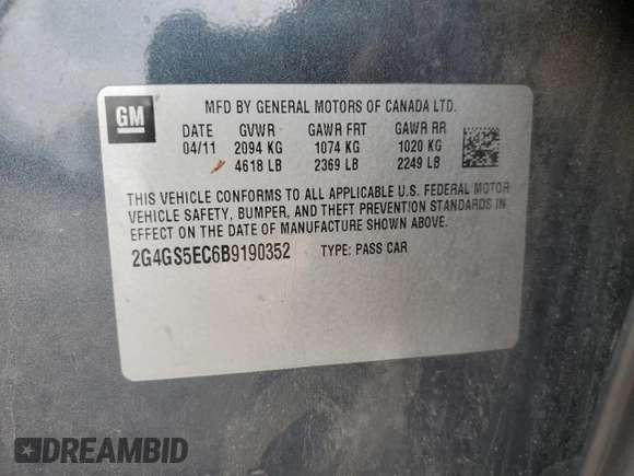 2011 Buick Regal CXL RL4 with VIN 2G4GS5EC6B9190352, listed as a Copart auction lot 55915305 with 83,378 mi miles and Salvage title. Bid and sale history available at DreamBid. Image 12.