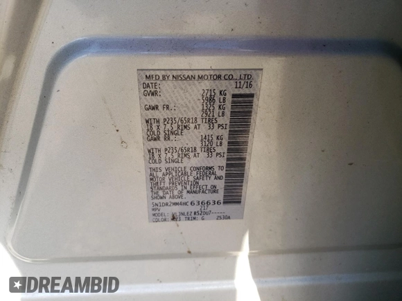 2017 Nissan Pathfinder SL with VIN 5N1DR2MM4HC636636, listed as a Copart auction lot 49439495 with 145,198 mi miles and Clean title. Bid and sale history available at DreamBid. Image 13.