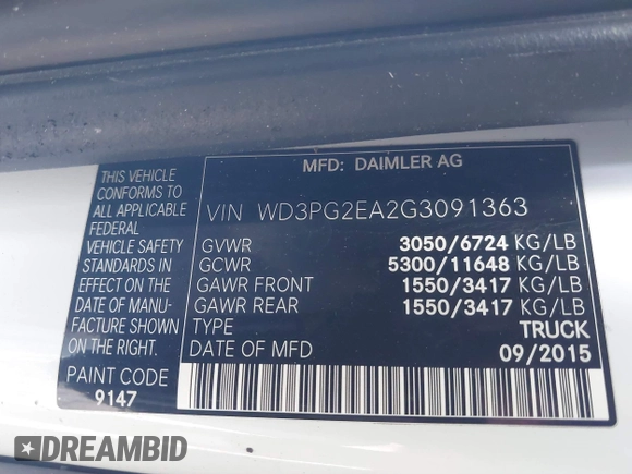 2016 Mercedes-Benz Metris Cargo with VIN WD3PG2EA2G3091363, listed as a IAAI auction lot 41818505 with 120,337 mi miles and . Bid and sale history available at DreamBid. Image 9.