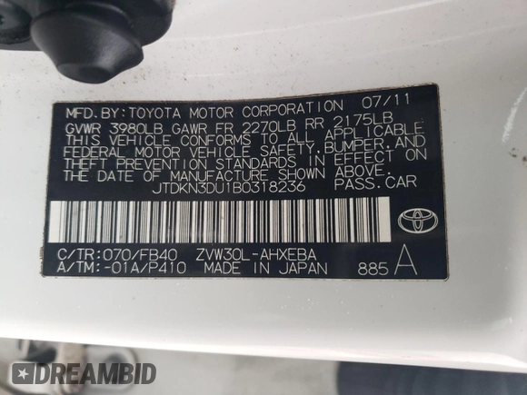 2011 Toyota Prius I with VIN JTDKN3DU1B0318236, listed as a Copart auction lot 55988615 with 238,948 mi miles and Clean Title. Bid and sale history available at DreamBid. Image 12.