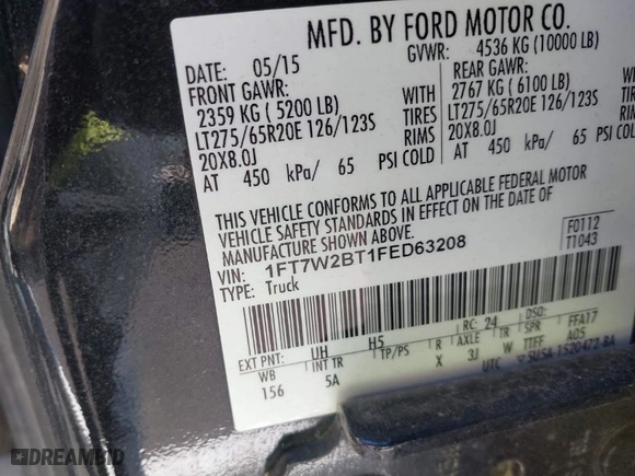 2015 Ford Super Duty F-250 SRW Lariat with VIN 1FT7W2BT1FED63208, listed as a IAAI auction lot 41785728 with 165,282 mi miles. Bid and sale history available at carsss.com. Image 9.