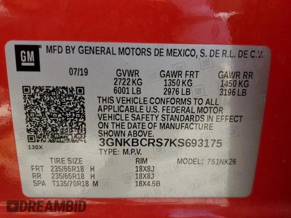 2019 Chevrolet Blazer z VIN 3GNKBCRS7KS693175, wystawiony jako Copart lot #55053555 z przebiegiem 93 895 mil mil oraz Nie do naprawy • Non repairable. Historia ofert i sprzedaży dostępna na DreamBid. Obrazek 14.
