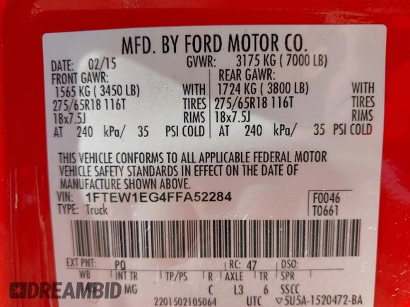 2015 Ford F-150 XLT with VIN 1FTEW1EG4FFA52284, listed as a IAAI auction lot 41894358 with 106,170 mi miles and . Bid and sale history available at carsss.com. Image 9.
