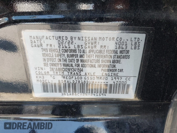 2022 Nissan Sentra SV with VIN 3N1AB8CV2NY241594, listed as a IAAI auction lot 41993360 with 54,857 mi miles and . Bid and sale history available at DreamBid. Image 9.