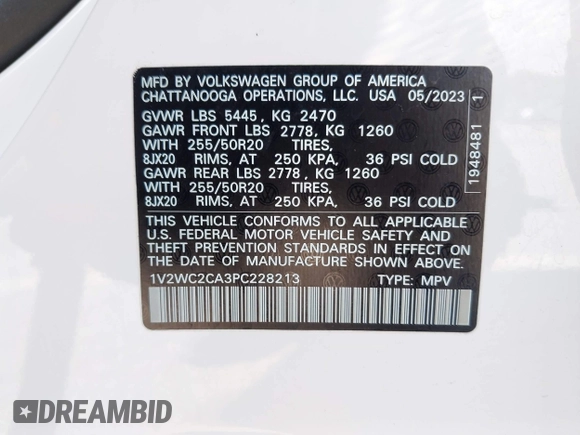 2023 Volkswagen Atlas SE with VIN 1V2WC2CA3PC228213, listed as a IAAI auction lot 42330049 with 21,884 mi miles and . Bid and sale history available at DreamBid. Image 9.