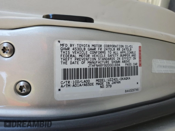 2002 Lexus SC 430 z VIN JTHFN48Y920001694, wystawiony jako Copart lot #48385885 z przebiegiem 105 296 mil mil oraz Szkoda całkowita • Salvage title. Historia ofert i sprzedaży dostępna na DreamBid. Obrazek 12.