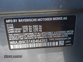 2019 BMW 5 Series M550i xDrive with VIN WBAJB9C51KB464283, listed as a IAAI auction lot 41397420 with Not provided miles and . Bid and sale history available at DreamBid. Image 9.