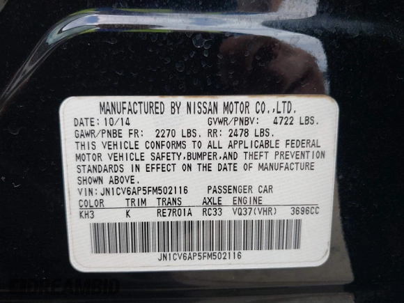 2015 Infiniti Q40 with VIN JN1CV6AP5FM502116, listed as a IAAI auction lot 41894061 with 101,358 mi miles. Bid and sale history available at carsss.com. Image 9.