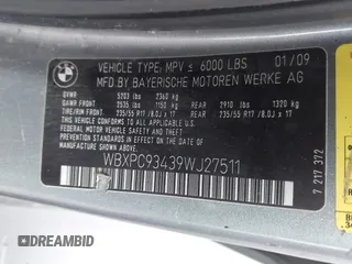 2009 BMW X3 xDrive30i with VIN WBXPC93439WJ27511, listed as a IAAI auction lot 41971762 with 112,766 mi miles. Bid and sale history available at carsss.com. Image 9.