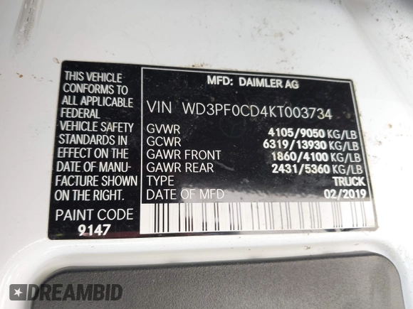 2019 Mercedes-Benz Sprinter Cargo with VIN WD3PF0CD4KT003734, listed as a IAAI auction lot 41992890 with 68,378 mi miles. Bid and sale history available at carsss.com. Image 9.