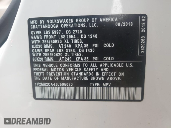 2018 Volkswagen Atlas SEL z VIN 1V2MR2CA4JC595070, wystawiony jako Copart lot #60683785 z przebiegiem 129 540 mil mil oraz Szkoda całkowita • Salvage title. Historia ofert i sprzedaży dostępna na DreamBid. Obrazek 14.