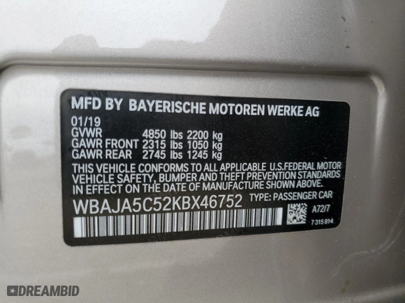 2019 BMW 5 Series 530i with VIN WBAJA5C52KBX46752, listed as a Copart auction lot 43360855 with 17,974 mi miles and Salvage Title. Bid and sale history available at carsss.com. Image 12.