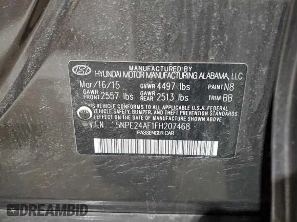 2015 Hyundai Sonata 2.4L SE with VIN 5NPE24AF1FH207468, listed as a Copart auction lot 54862575 with 121,199 mi miles and Salvage Title. Bid and sale history available at carsss.com. Image 12.
