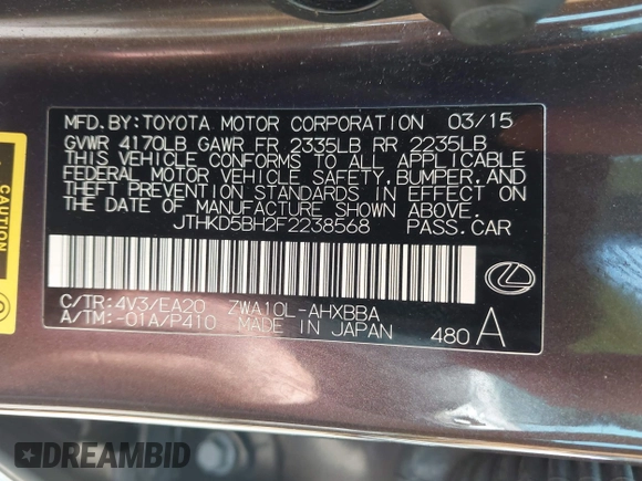 2015 Lexus CT 200h with VIN JTHKD5BH2F2238568, listed as a IAAI auction lot 42429699 with 146,825 mi miles and . Bid and sale history available at DreamBid. Image 9.