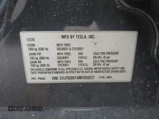 2021 Tesla Model Y Performance with VIN 5YJYGDEF4MF093227, listed as a IAAI auction lot 41603195 with Not Provided miles and . Bid and sale history available at carsss.com. Image 8.