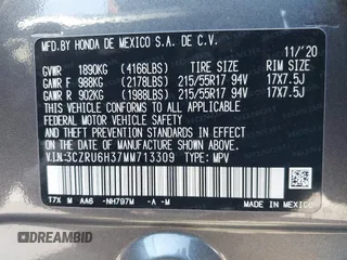 2021 Honda HR-V LX with VIN 3CZRU6H37MM713309, listed as a IAAI auction lot 42171397 with 25,693 mi miles and . Bid and sale history available at carsss.com. Image 9.
