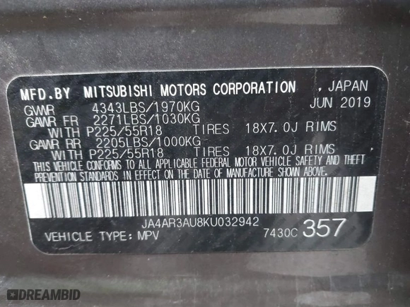 2019 Mitsubishi Outlander Sport ES 2.0 with VIN JA4AR3AU8KU032942, listed as a IAAI auction lot 41018878 with 102,263 mi miles. Bid and sale history available at carsss.com. Image 9.