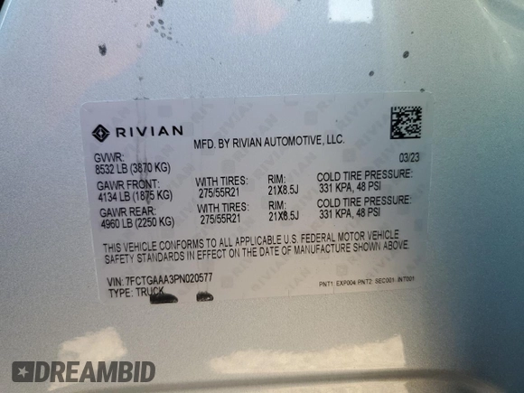 2023 Rivian R1T Adventure with VIN 7FCTGAAA3PN020577, listed as a Copart auction lot 84847414 with 7,888 mi miles and Salvage Title. Bid and sale history available at carsss.com. Image 13.