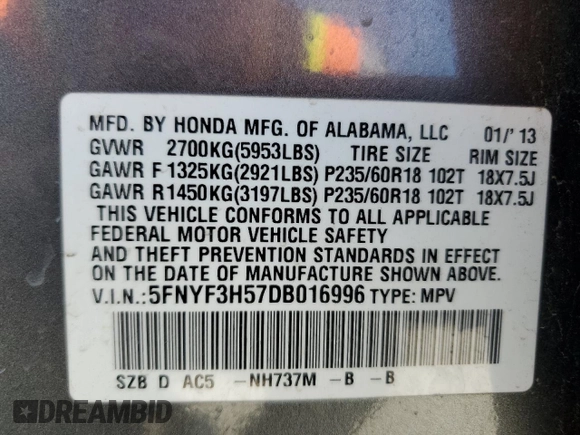 2013 Honda Pilot EX-L z VIN 5FNYF3H57DB016996, wystawiony jako Copart lot #56155335 z przebiegiem 146 387 mil mil oraz Szkoda całkowita • Salvage title. Historia ofert i sprzedaży dostępna na DreamBid. Obrazek 13.