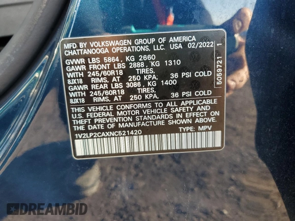 2022 Volkswagen Atlas SE with VIN 1V2LP2CAXNC521420, listed as a Copart auction lot 87450604 with 72,350 mi miles and Salvage title. Bid and sale history available at DreamBid. Image 14.