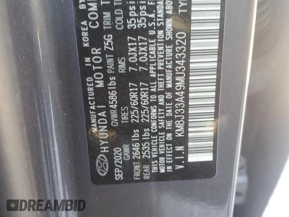 2021 Hyundai Tucson Value with VIN KM8J33A49MU343320, listed as a Copart auction lot 50803645 with Not Provided miles and Non Repairable. Bid and sale history available at DreamBid. Image 13.