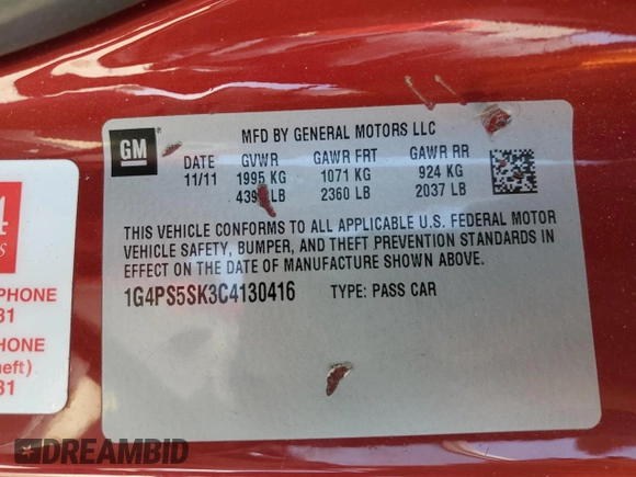 2012 Buick Verano Group with VIN 1G4PS5SK3C4130416, listed as a Copart auction lot 51363305 with 120,534 mi miles and Salvage title. Bid and sale history available at DreamBid. Image 12.