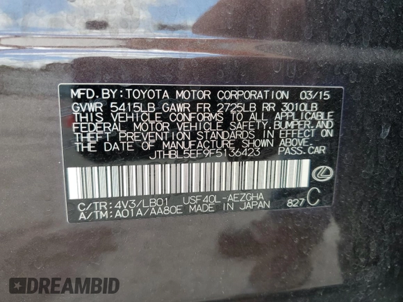 2015 Lexus LS 460 with VIN JTHBL5EF9F5136423, listed as a Copart auction lot 55967695 with 62,012 mi miles and Salvage title. Bid and sale history available at DreamBid. Image 13.