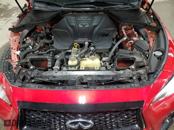 2021 Infiniti Q50 Red Sport 400 with VIN JN1FV7DR0MM880308, listed as a Copart auction lot 86103434 with 27,845 mi miles and Salvage Title. Bid and sale history available at DreamBid. Image 12.