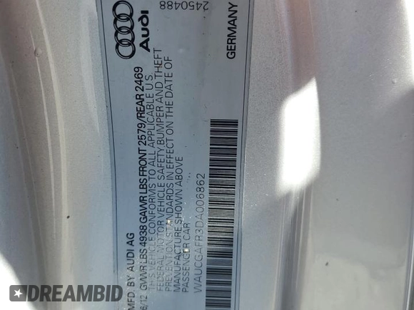 2013 Audi S5 Premium Plus z VIN WAUCGAFR3DA006862, wystawiony jako Copart lot #55995305 z przebiegiem 136 583 mil mil oraz Szkoda całkowita • Salvage title. Historia ofert i sprzedaży dostępna na DreamBid. Obrazek 12.