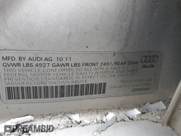 2012 Audi A4 Premium with VIN WAUBFAFL1CN012984, listed as a Copart auction lot 65837295 with 142,547 mi miles and Salvage title. Bid and sale history available at DreamBid. Image 12.