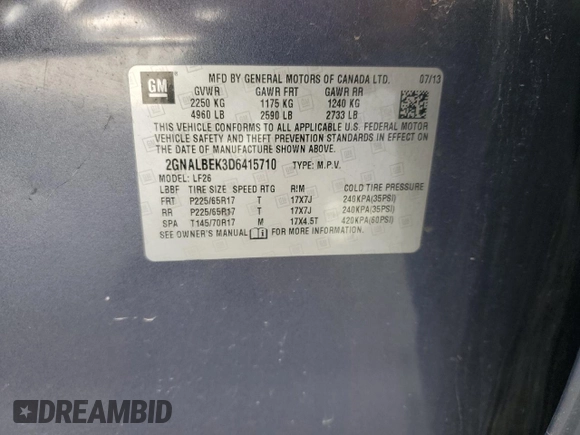 2013 Chevrolet Equinox LS with VIN 2GNALBEK3D6415710, listed as a Copart auction lot 52887795 with 200,128 mi miles and Salvage Title. Bid and sale history available at DreamBid. Image 12.