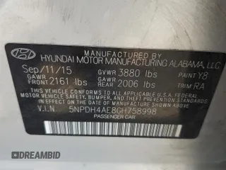 2016 Hyundai Elantra SE with VIN 5NPDH4AE8GH758998, listed as a Copart auction lot 60131145 with Not provided miles and Salvage title. Bid and sale history available at DreamBid. Image 12.
