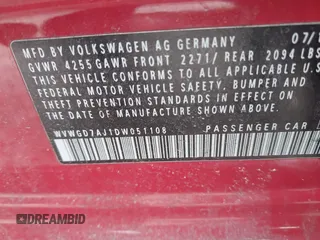 2013 Volkswagen GTI Autobahn z VIN WVWGD7AJ1DW051108, wystawiony jako IAAI lot #41239963 z przebiegiem 146 951 mil mil oraz . Historia ofert i sprzedaży dostępna na DreamBid. Obrazek 9.