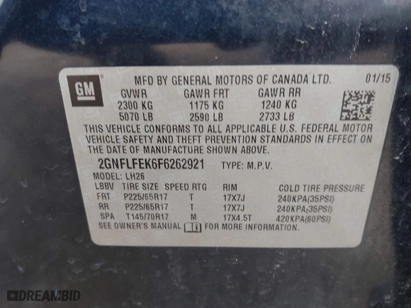2015 Chevrolet Equinox LT with VIN 2GNFLFEK6F6262921, listed as a IAAI auction lot 41939983 with 74,507 mi miles. Bid and sale history available at carsss.com. Image 9.