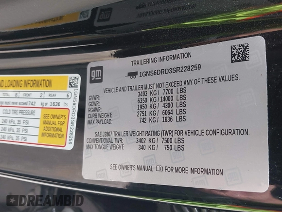 2025 Chevrolet Suburban Z71 z VIN 1GNS6DRD3SR228259, wystawiony jako IAAI lot #42381761 z przebiegiem 3 891 mil mil oraz . Historia ofert i sprzedaży dostępna na DreamBid. Obrazek 9.