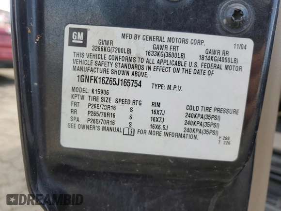 2005 Chevrolet Suburban LT с VIN 1GNFK16Z65J165754, выставлен на аукционе Copart как лот 56762235 с пробегом 161 338 миль миль и Списание • Salvage title. История ставок и продаж доступна на DreamBid. Изображение 13.
