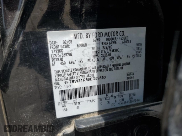 2008 Ford F-250 XL с VIN 1FTSW21R58ED59553, выставлен на аукционе Copart как лот 56747495 с пробегом 228 170 миль миль и Списание • Salvage title. История ставок и продаж доступна на DreamBid. Изображение 12.