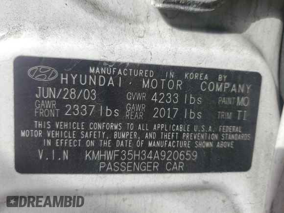 2004 Hyundai Sonata GLS with VIN KMHWF35H34A920659, listed as a Copart auction lot 77813554 with 76,938 mi miles and Clean Title. Bid and sale history available at carsss.com. Image 12.